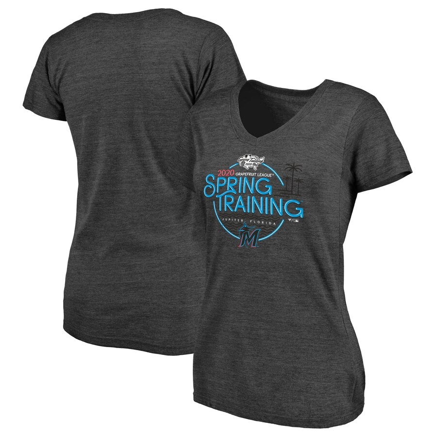 Miami Marlins Women's 2020 Spring Training Round Trip Tri-Blend V-Neck T-Shirt - Black MLB Ladies V-Neck