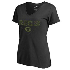 Cincinnati Reds Women's Camo T-Shirt - Black MLB Ladies V-Neck