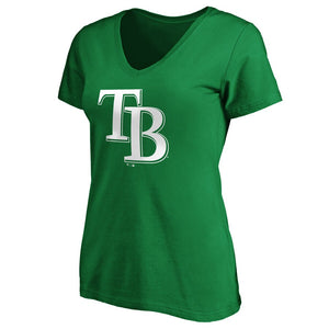 Tampa Bay Rays Women's St. Patrick's Day White Team Logo V-Neck T-Shirt - Green MLB Ladies V-Neck