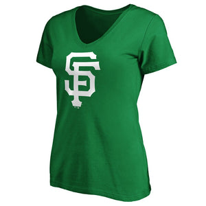 San Francisco Giants Women's St. Patrick's Day White Team Logo V-Neck T-Shirt - Green MLB Ladies V-Neck