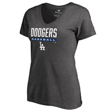 Load image into Gallery viewer, Los Angeles Dodgers Women&#39;s Win Stripe Plus Size V-Neck T-Shirt - Ash MLB Ladies V-Neck
