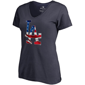 Los Angeles Dodgers Women's 2019 Stars & Stripes Banner Wave V-Neck T-Shirt - Navy MLB Ladies V-Neck
