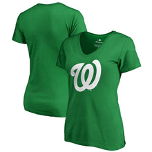 Load image into Gallery viewer, Washington Nationals Women&#39;s St. Patrick&#39;s Day White Logo Plus Size V-Neck T-Shirt - Kelly Green MLB Ladies V-Neck
