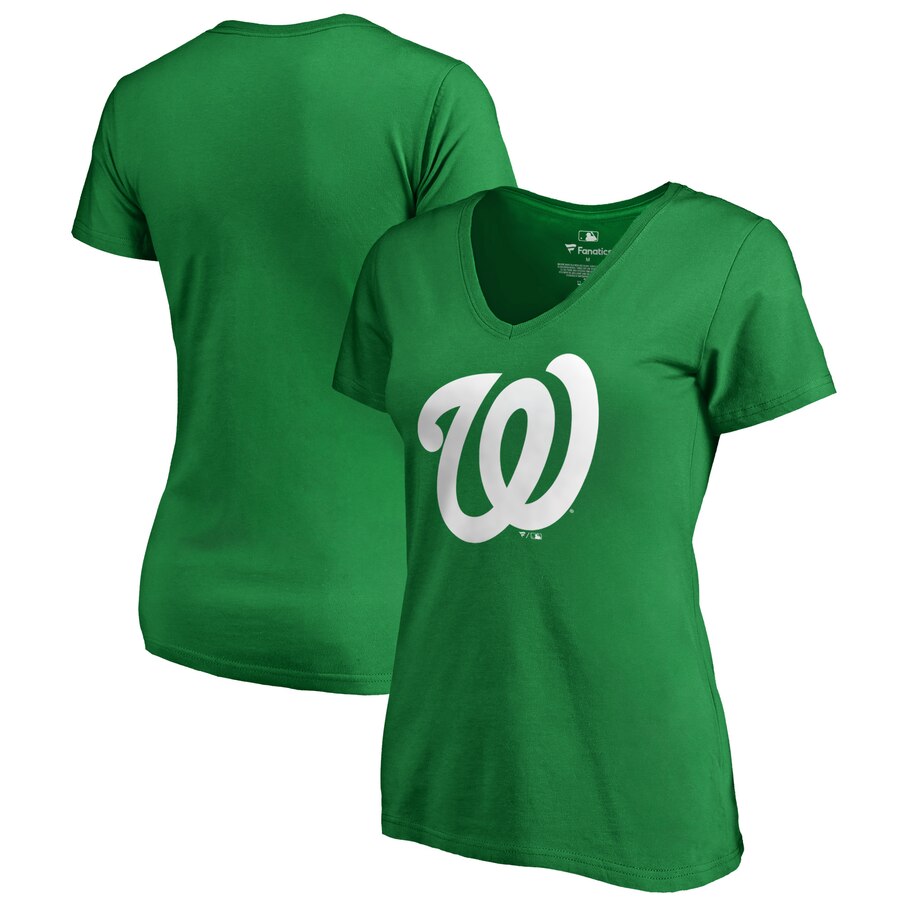 Washington Nationals Women's St. Patrick's Day White Logo Plus Size V-Neck T-Shirt - Kelly Green MLB Ladies V-Neck