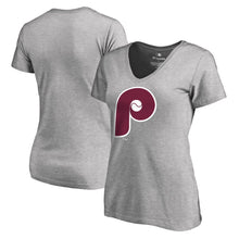 Load image into Gallery viewer, Philadelphia Phillies Women&#39;s Cooperstown Collection Huntington T-Shirt - Ash MLB Ladies V-Neck
