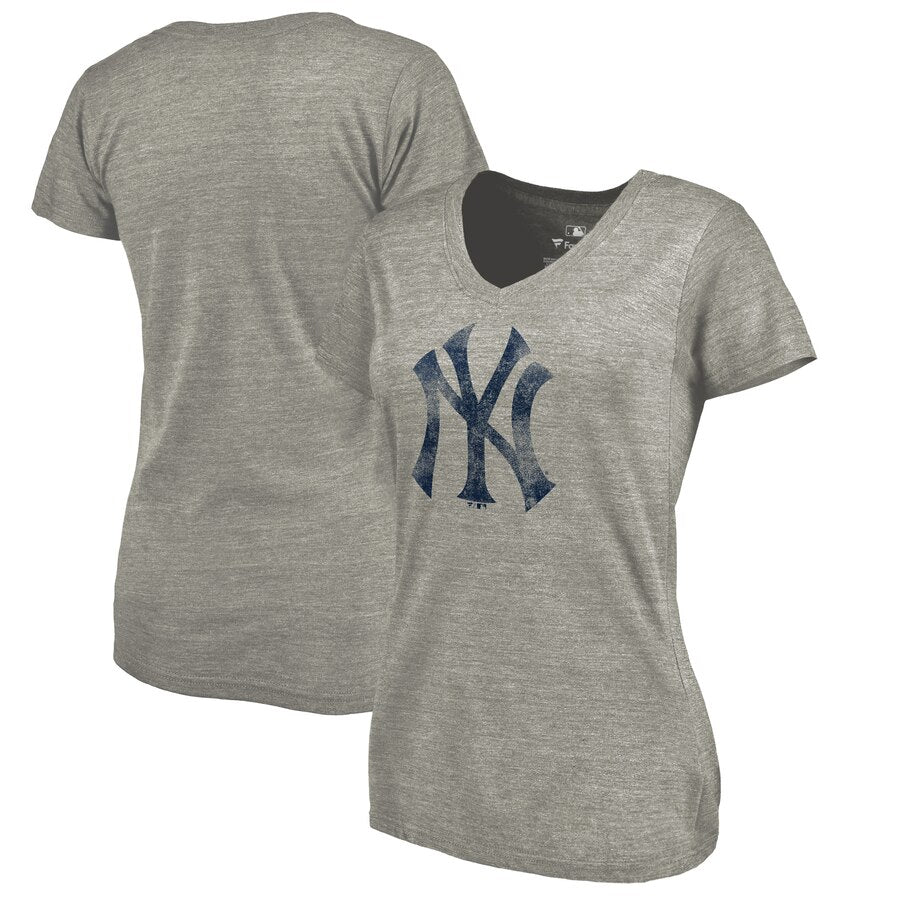 New York Yankees Women's Distressed Team Tri-Blend V-Neck T-Shirt - Heathered Gray MLB Ladies V-Neck