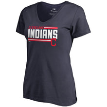 Load image into Gallery viewer, Cleveland Indians Women&#39;s Team Onside Stripe V-Neck T-Shirt - Navy MLB Ladies V-Neck
