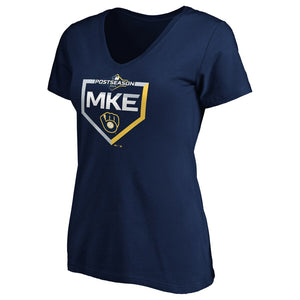 Milwaukee Brewers Profile Women's 2019 Postseason Plus Size Dugout Authentic V-Neck T-Shirt - Navy MLB Ladies V-Neck