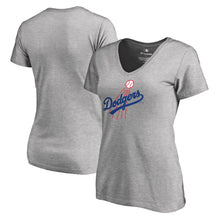 Load image into Gallery viewer, Los Angeles Dodgers Women&#39;s Cooperstown Collection Huntington T-Shirt - Ash MLB Ladies V-Neck
