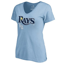 Load image into Gallery viewer, Tampa Bay Rays Women&#39;s Team Lockup T-Shirt - Light Blue MLB Ladies V-Neck
