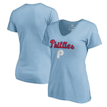 Load image into Gallery viewer, Philadelphia Phillies Cooperstown Collection Wahconah V-Neck T-Shirt - Light Blue MLB Ladies V-Neck
