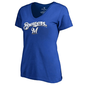 Milwaukee Brewers Women's Team Lockup T-Shirt - Royal MLB Ladies V-Neck