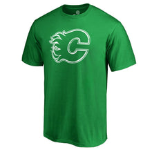 Load image into Gallery viewer, Calgary Flames St. Patrick's Day White Logo T-Shirt - Green NHL Guys Tee
