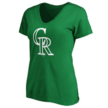 Load image into Gallery viewer, Colorado Rockies Women&#39;s St. Patrick&#39;s Day White Team Logo V-Neck T-Shirt - Green MLB Ladies V-Neck
