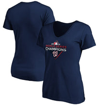 Load image into Gallery viewer, Washington Nationals Women&#39;s 2019 World Series Champions Logo V-Neck T-Shirt - Navy MLB Ladies V-Neck
