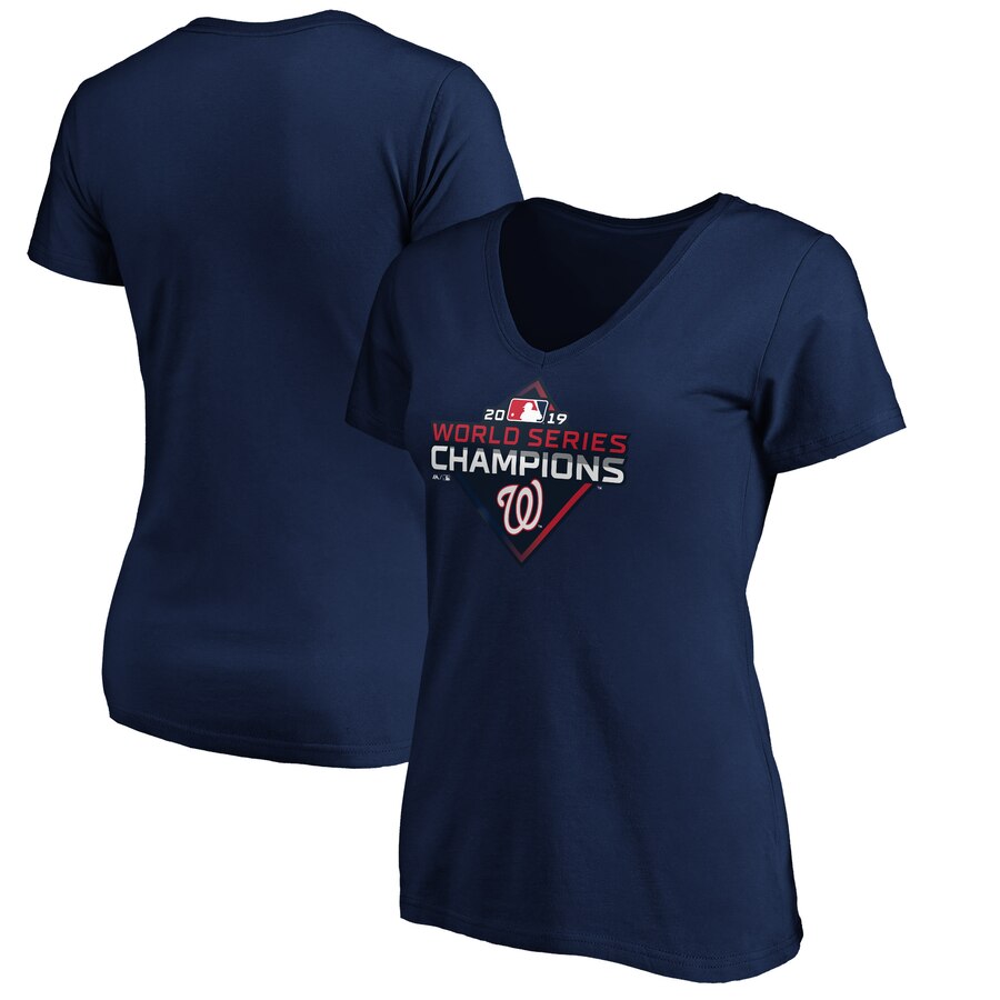 Washington Nationals Women's 2019 World Series Champions Logo V-Neck T-Shirt - Navy MLB Ladies V-Neck