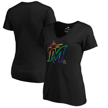 Load image into Gallery viewer, Miami Marlins Women&#39;s Pride T-Shirt - Black MLB Ladies V-Neck
