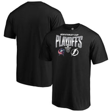 Load image into Gallery viewer, Columbus Blue Jackets Vs. Tampa Bay Lightning 2019 Stanley Cup Playoffs Matchup Checking The Boards T-Shirt - Black NHL Guys Tee
