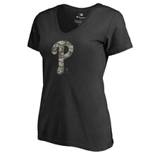 Load image into Gallery viewer, Philadelphia Phillies Women&#39;s 2019 Armed Forces Cloak V-Neck T-Shirt MLB Ladies V-Neck
