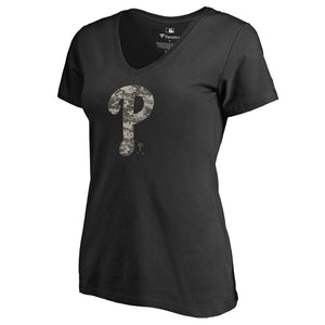 Philadelphia Phillies Women's 2019 Armed Forces Cloak V-Neck T-Shirt MLB Ladies V-Neck