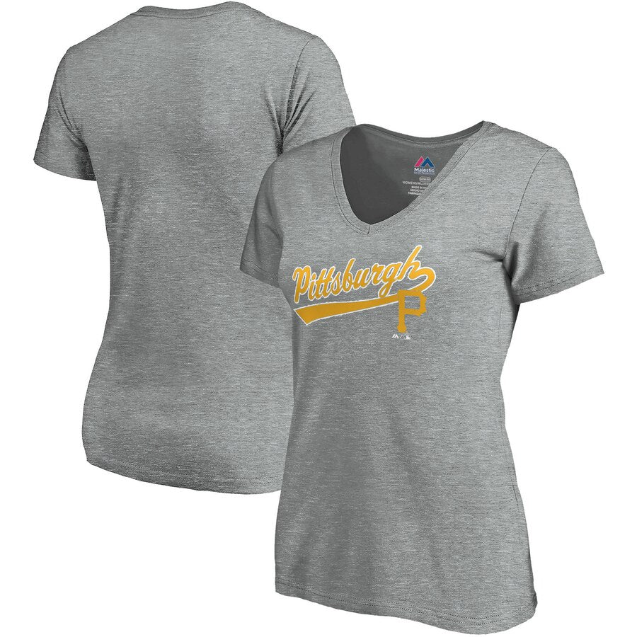 Pittsburgh Pirates Women's Showtime V-Neck T-Shirt - Heathered Gray MLB Ladies V-Neck