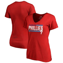 Load image into Gallery viewer, Philadelphia Phillies Women&#39;s Onside Stripe V-Neck T-Shirt - Red MLB Ladies V-Neck
