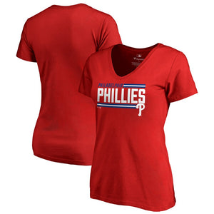 Philadelphia Phillies Women's Onside Stripe V-Neck T-Shirt - Red MLB Ladies V-Neck