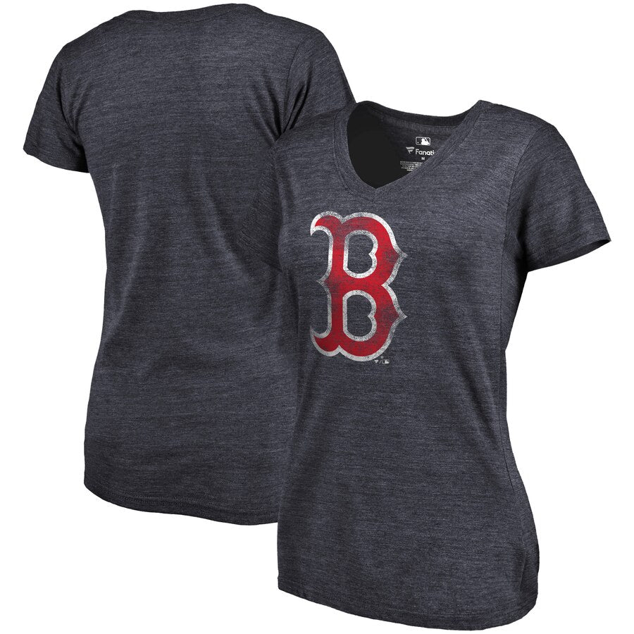 Boston Red Sox Women's Primary Distressed Team Tri-Blend V-Neck T-Shirt - Heathered Navy MLB Ladies V-Neck