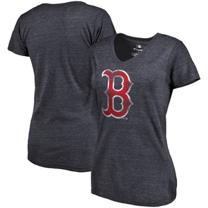 Boston Red Sox Women's Primary Distressed Team Tri-Blend V-Neck T-Shirt - Heathered Navy MLB Ladies V-Neck