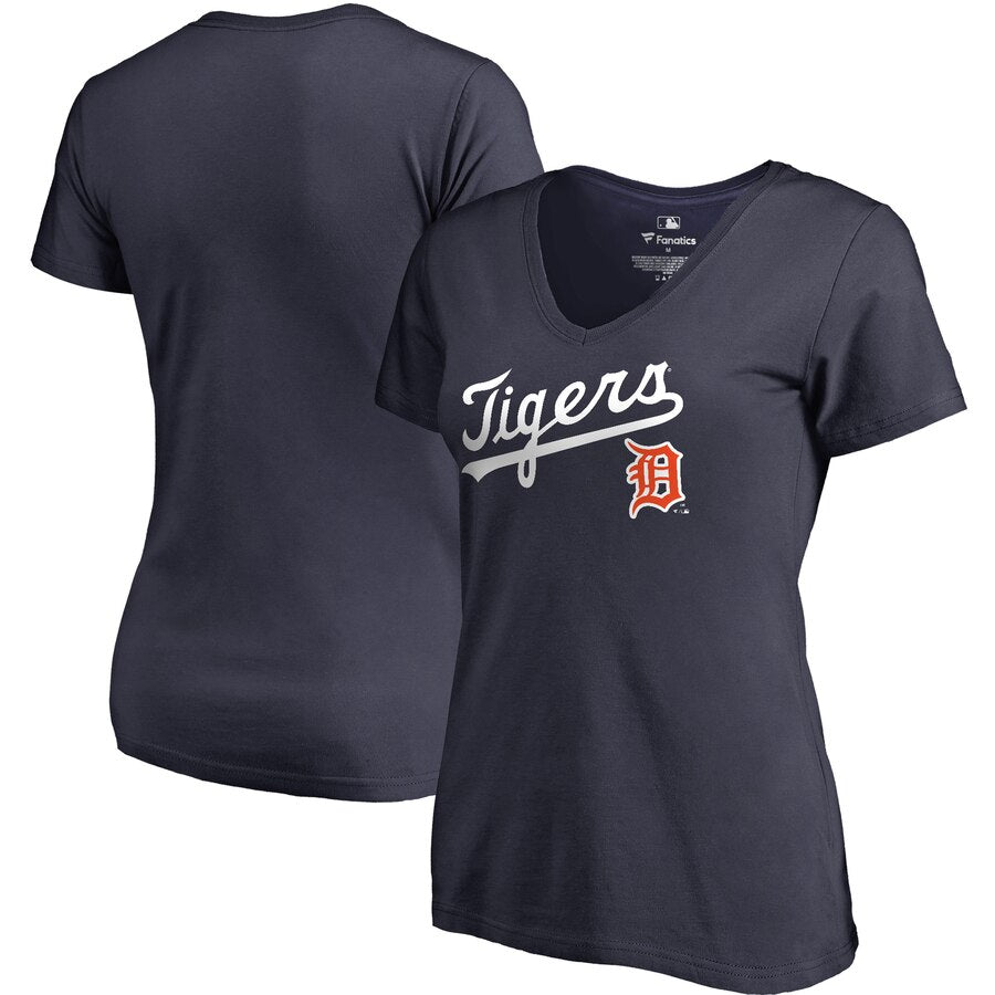 Detroit Tigers Women's Plus Size Cooperstown Collection Wahconah V-Neck T-Shirt - Navy MLB Ladies V-Neck