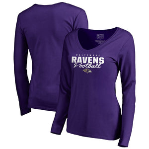 Baltimore Ravens Nfl Pro Line Women's Iconic Collection Script Assist Long Sleeve V-Neck T-Shirt - Purple NFL Ladies V-Neck Long Sleeve