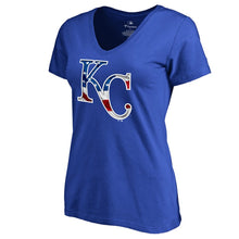 Load image into Gallery viewer, Kansas City Royals Women&#39;s 2019 Stars &amp; Stripes Banner Wave V-Neck T-Shirt - Royal MLB Ladies V-Neck
