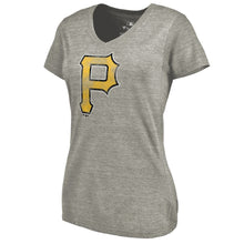 Load image into Gallery viewer, Pittsburgh Pirates Women&#39;s Distressed Team Tri-Blend V-Neck T-Shirt - Heathered Gray MLB Ladies V-Neck
