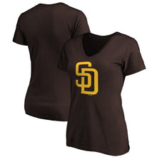 Load image into Gallery viewer, San Diego Padres Women&#39;s Core Official Logo V-Neck T-Shirt - Brown MLB Ladies V-Neck
