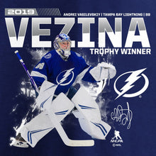 Load image into Gallery viewer, Andrei Vasilevskiy Tampa Bay Lightning 2019 Vezina Trophy Winner T-Shirt - Royal NHL Guys Tee
