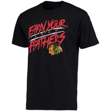 Load image into Gallery viewer, Chicago Blackhawks Rinkside Hometown Collection Earn Your Feathers T-Shirt - Black NHL Guys Tee
